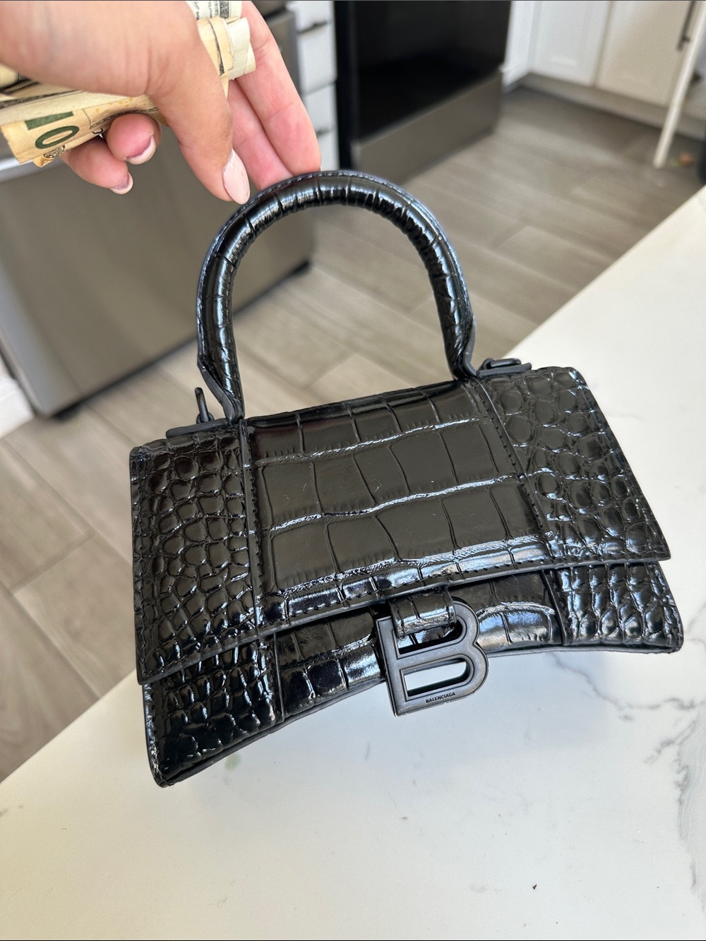 Balenciaga Mini Top Handle Bag - Black Croc-Embossed